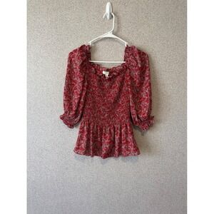 Max Studio Red Floral Smocked Peplum Top Puff Sleeve Square Neck Blouse Small